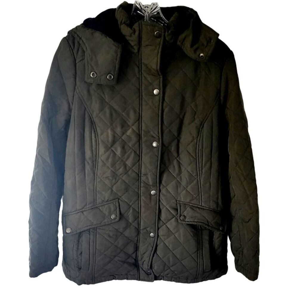 G.H. Bass Olive Military Green Quilted Jacket Removeable Hood Size Medium
